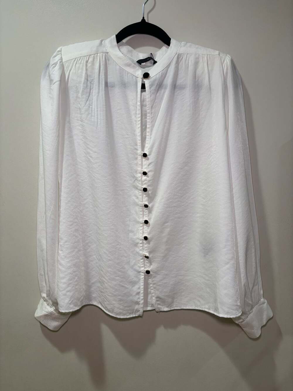 Zara Women’s Small White Satin Blouse Black Gold Buttons Long Sleeve